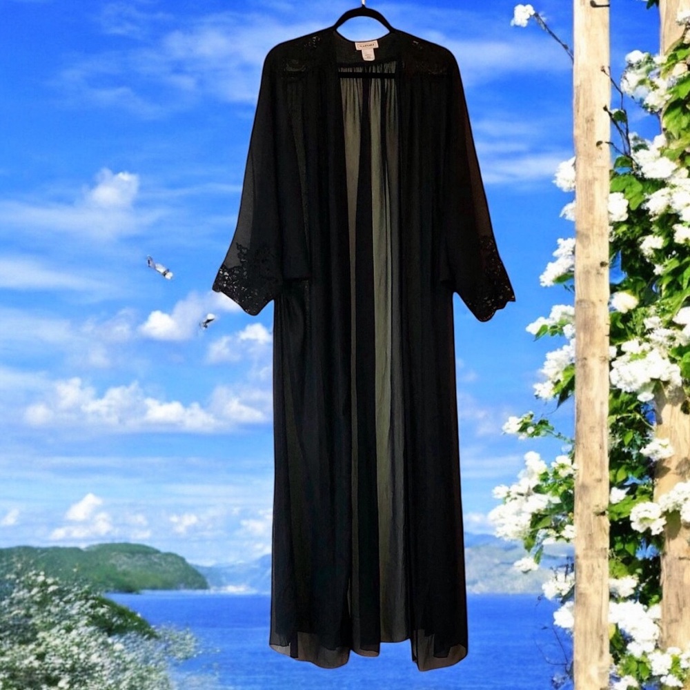 Natori Vintage Black Sheer Peignoir Long Maxi Robe Lace Accents New